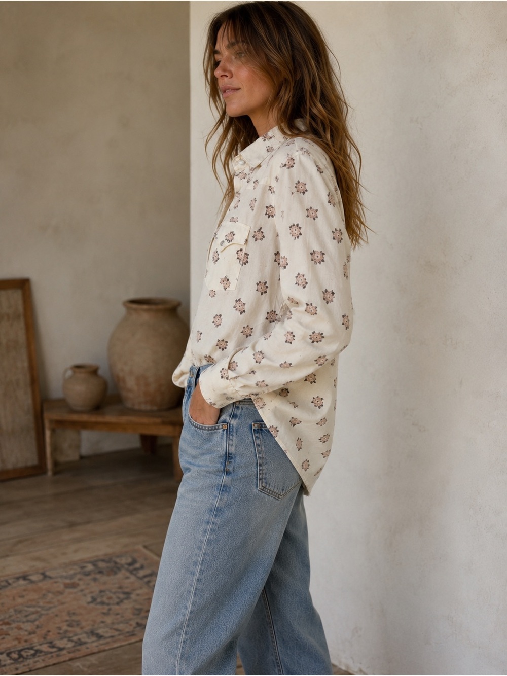Vintage 70s Chute Cream Floral Pearl Snap Western Shirt Cowgirl Prairie Rodeo - Picture 2 of 12